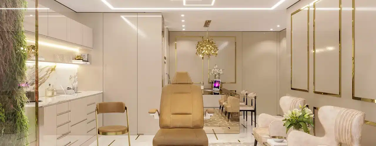 Quais salas uma clínica de estética precisa ter no projeto 1 Sala de clínica de estética com maca central, bancada com cuba, jardim vertical e poltronas de espera