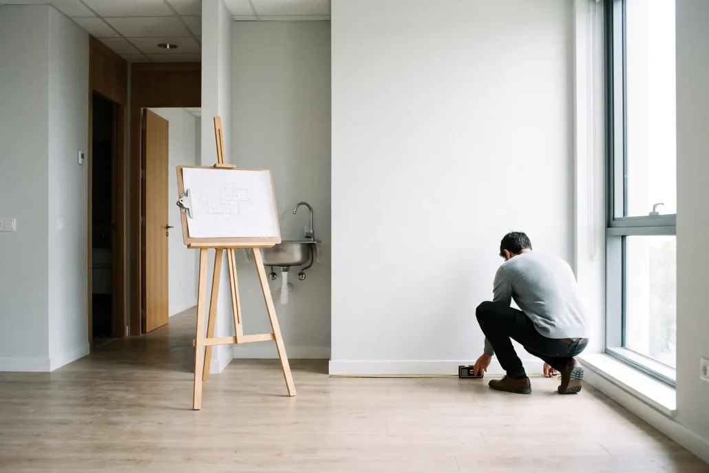 Sala comercial vazia sendo medida para estudo de viabilidade de clínica